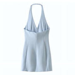 Light Blue Bodycon Pleated Sleeveless V-Neck Backless Halter Mini Dress