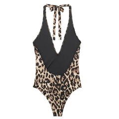 Leopard Print Bodycon Sleeveless V-Neck Backless Halter One Piece Swimsuit