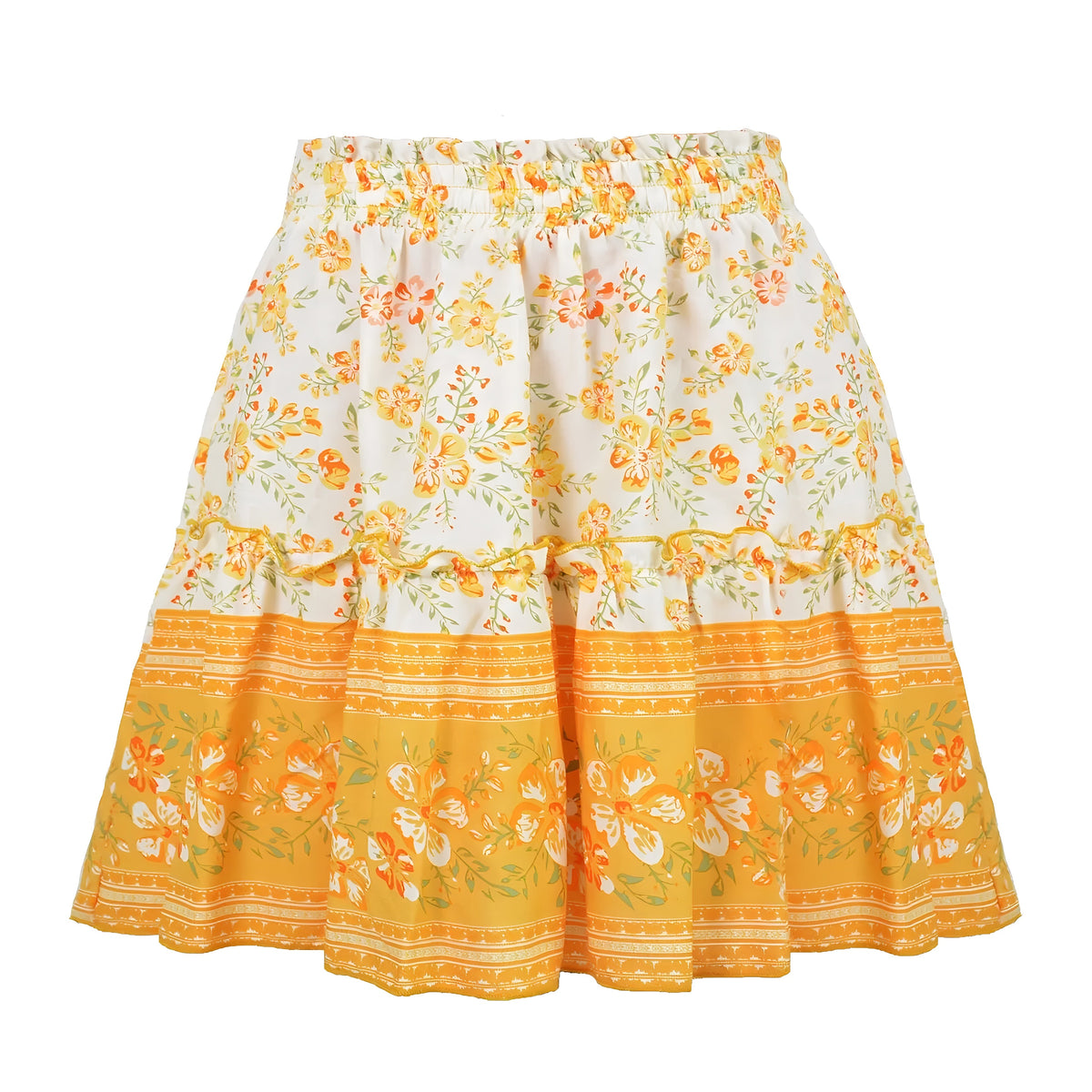 Hanalei Yellow Floral Print Ruffle Mid-High Rise Tiered Mini Skirt