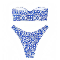 Positano Blue & White Patterned Bandeau Strapless 2 Piece Bikini Set