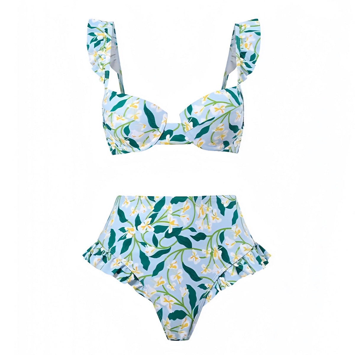 Sunny Isles Blue Floral Print Ruffle Trim Underwire 2 Piece Bikini Set