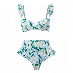 Sunny Isles Blue Floral Print Ruffle Trim Underwire 2 Piece Bikini Set