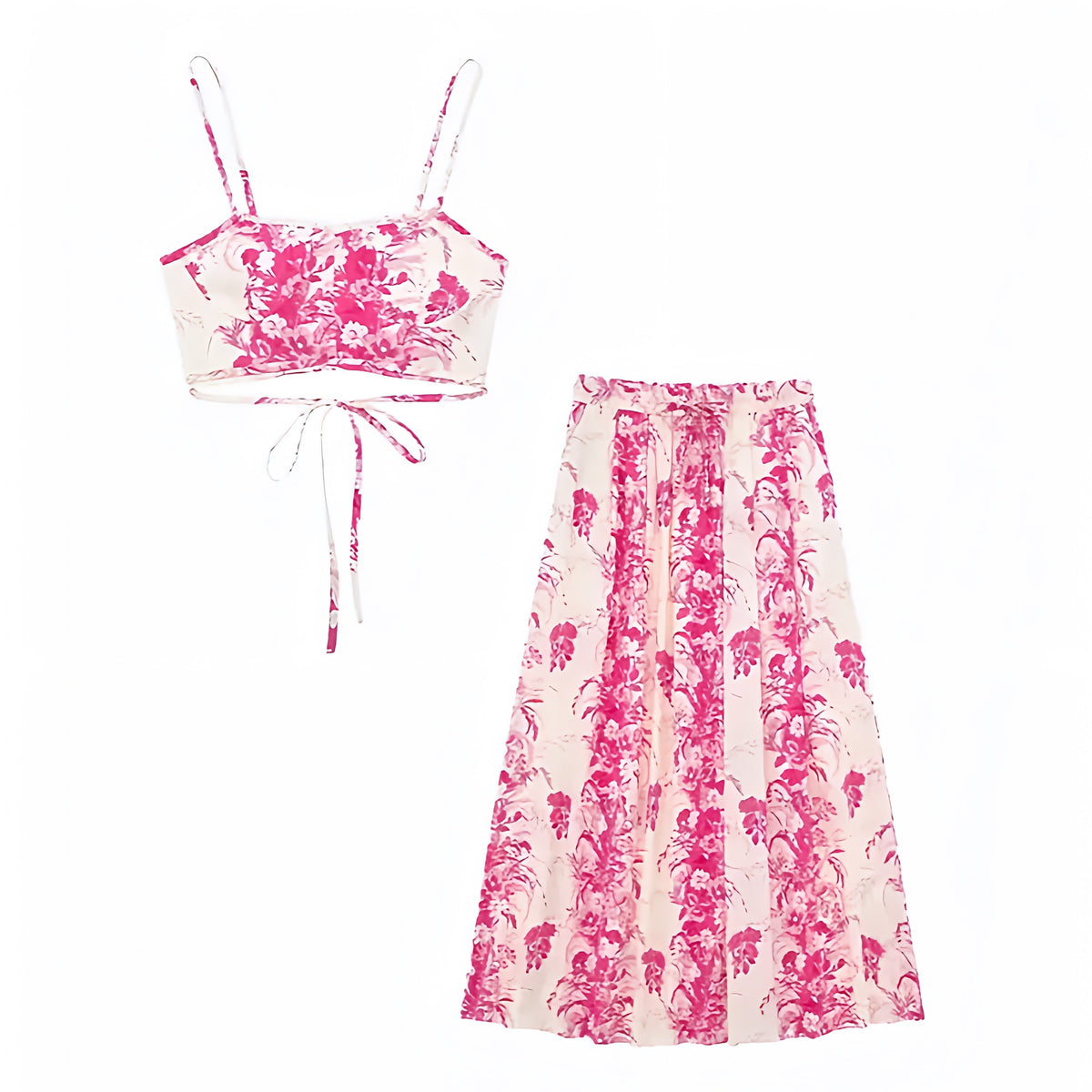 Hot Pink Floral Print Spaghetti Strap Maxi Dress Top & Skirt Set