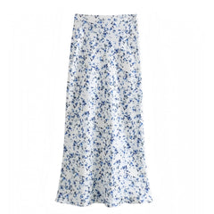 Dark Blue Floral Print Satin Low Rise Maxi Skirt