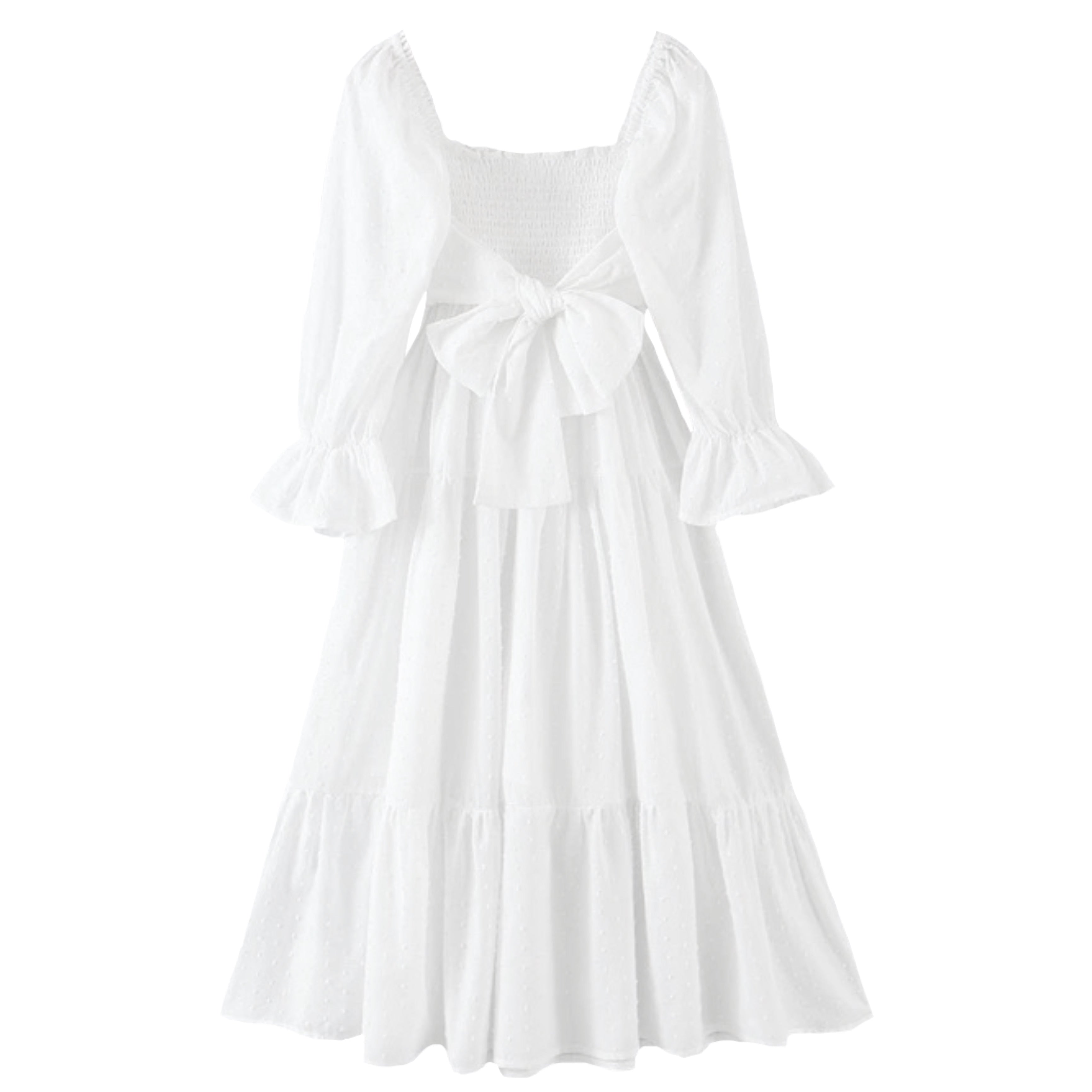 White Smocked Ruffle Trim Long Sleeve Tiered Boho Linen Maxi Dress