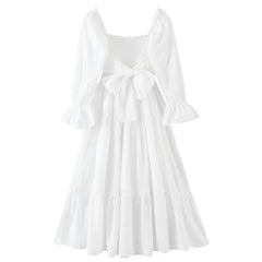 White Smocked Ruffle Trim Long Sleeve Tiered Boho Linen Maxi Dress