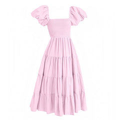Light Pink Smocked Linen Tiered Puff Sleeve Flowy Maxi Dress