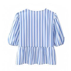Light Blue & White Striped Bow Lace Up Puff Sleeve Blouse Top