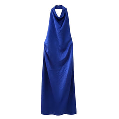 Dark Blue Halter Ruched Backless Cut Out Maxi Dress