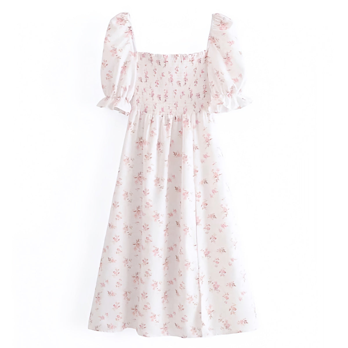 Emily Light Pink Floral Print Smocked Ruffle Trim Puff Sleeve Linen Maxi Dress