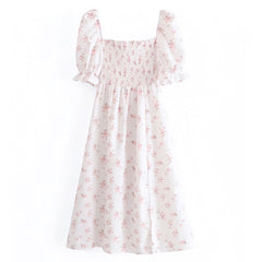 Emily Light Pink Floral Print Smocked Ruffle Trim Puff Sleeve Linen Maxi Dress