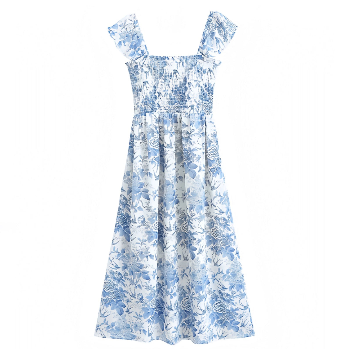 Light Blue Floral Print Smocked Ruffle Trim Puff Sleeve Tiered Linen Maxi Dress