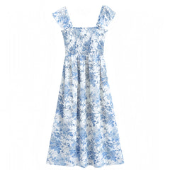 Light Blue Floral Print Smocked Ruffle Trim Puff Sleeve Tiered Linen Maxi Dress