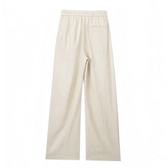 Light Beige Low Rise Cotton Linen Wide Leg Trouser Pants