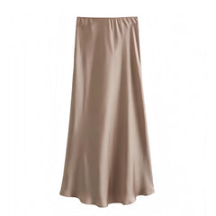 Light Brown Satin Low Rise Midi Skirt