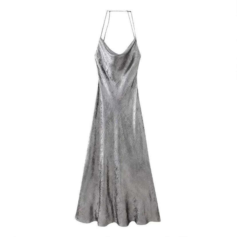 Dark Gray Metallic Spaghetti Strap Halter Midi Dress