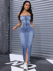 Chic and Sexy: Sleeveless Denim Maxi Dress with Slit and Bodycon Fit
