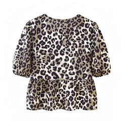 Leopard Print Bow Lace Up Puff Sleeve Crop Blouse Top