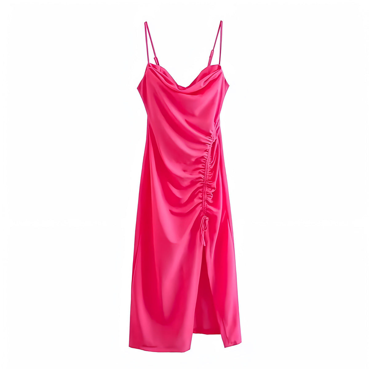 Hot Pink Bodycon Ruched Spaghetti Strap Maxi Dress