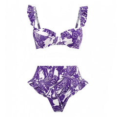 Dark Purple Floral Patterned Ruffle Trim Underwire 2 Piece Bikini Set