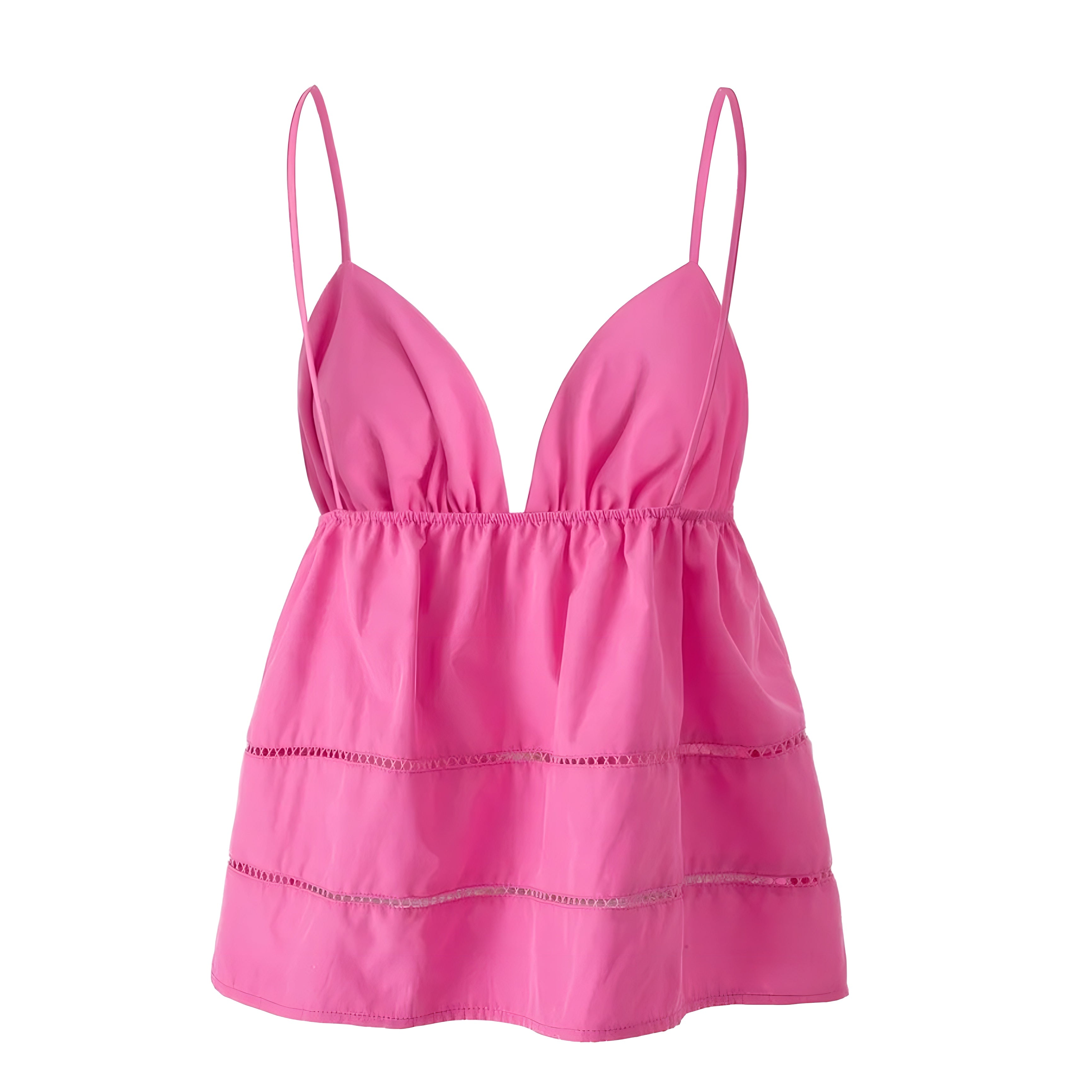 Hot Pink Eyelet Pointelle Slim Fit V-Neck Spaghetti Strap Backless Camisole Tank Top