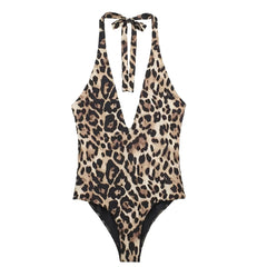 Leopard Print Bodycon Sleeveless V-Neck Backless Halter One Piece Swimsuit