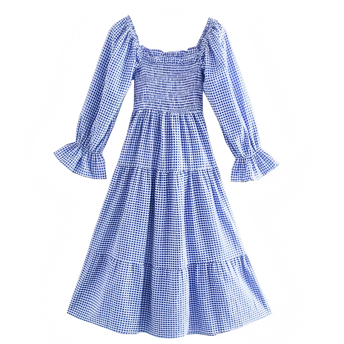 Dark Blue & White Gingham Ruffle Trim Smocked Long Sleeve Tiered Linen Maxi Dress