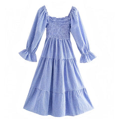 Dark Blue & White Gingham Ruffle Trim Smocked Long Sleeve Tiered Linen Maxi Dress