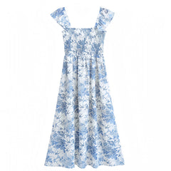 Light Blue Floral Print Smocked Ruffle Trim Puff Sleeve Tiered Linen Maxi Dress