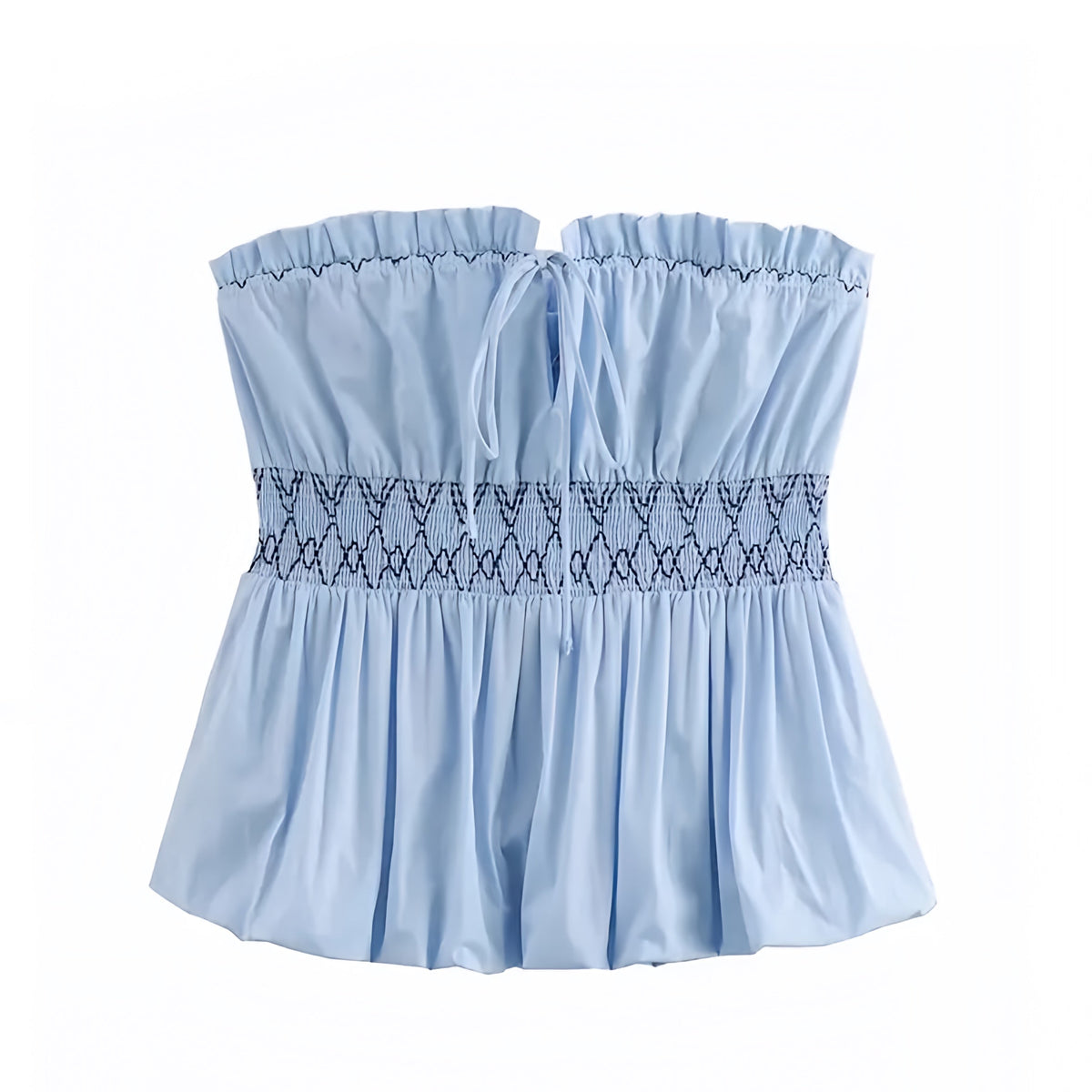 Light Blue Embroidered Smocked Strapless Bustier Tube Top