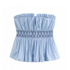 Light Blue Embroidered Smocked Strapless Bustier Tube Top