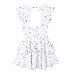 Light Pink Floral Print Eyelet Embroidered Layered Ruffle Short Sleeve Backless Mini Dress
