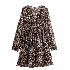 Leopard Print Smocked Layered Ruffle Trim V-Neck Long Puff Sleeve Mini Dress