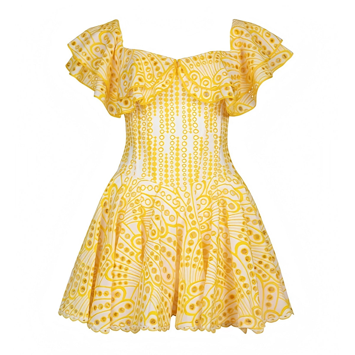 Cannes Yellow Eyelet Embroidered Layered Ruffle Smocked Short Sleeve Mini Dress