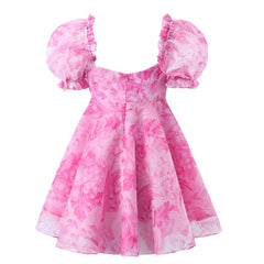 Hot Pink Floral Patterned Ruffle Trim Puff Sleeve Babydoll Mini Dress