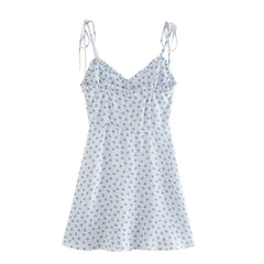Light Blue Floral Print Bodycon Ruffle Trim Spaghetti Strap Mini Dress