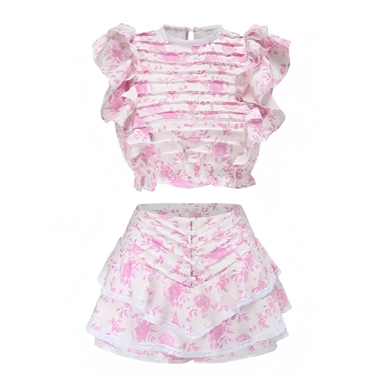 Light Pink Floral Print Puff Sleeve Top & Layered Ruffle Mini Skirt Set