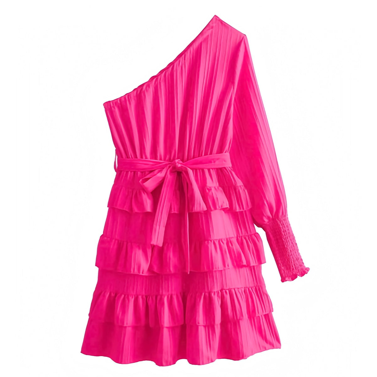 Hot Pink Layered Ruffle Asymmetric One-Shoulder Long Sleeve Mini Dress