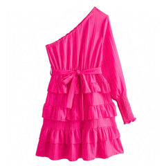 Hot Pink Layered Ruffle Asymmetric One-Shoulder Long Sleeve Mini Dress