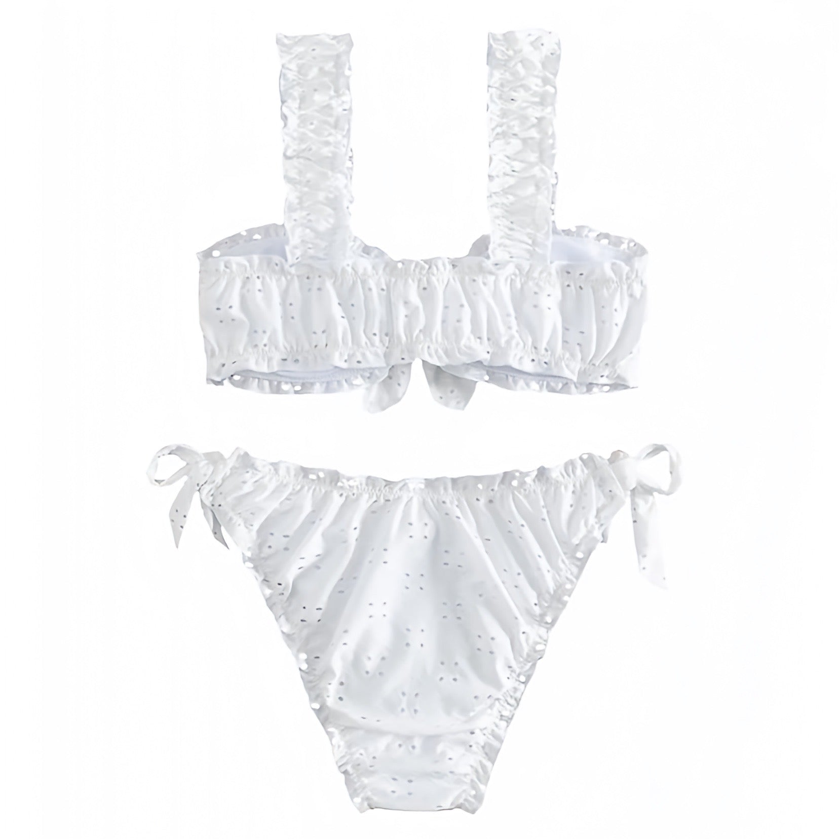 White Eyelet Pointelle Ruffle Trim Bow Spaghetti Strap 2 Piece Bikini Set