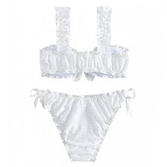 White Eyelet Pointelle Ruffle Trim Bow Spaghetti Strap 2 Piece Bikini Set