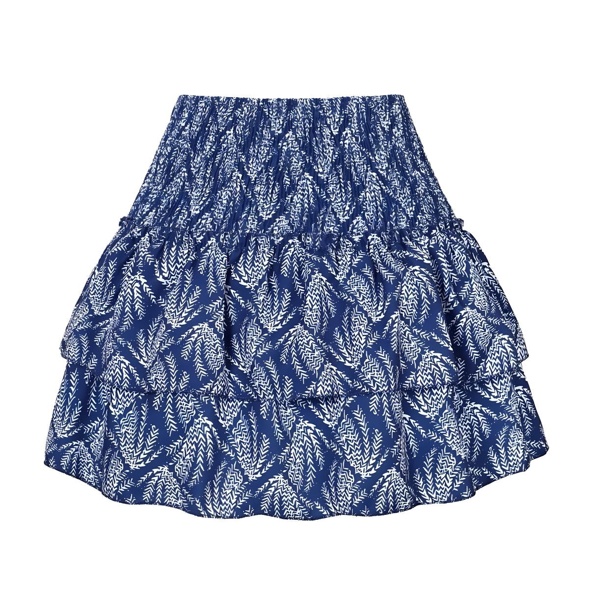 Dark Blue & White Patterned Layered Ruffle Smocked Tiered Mini Skirt