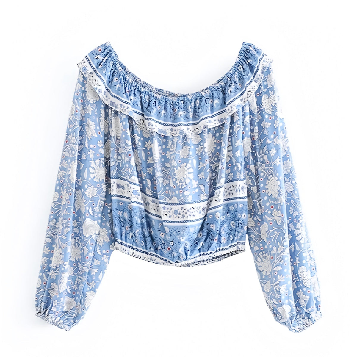 Light Blue Floral Print Ruffle Trim Long Puff Sleeve Off-Shoulder Boho Blouse Top