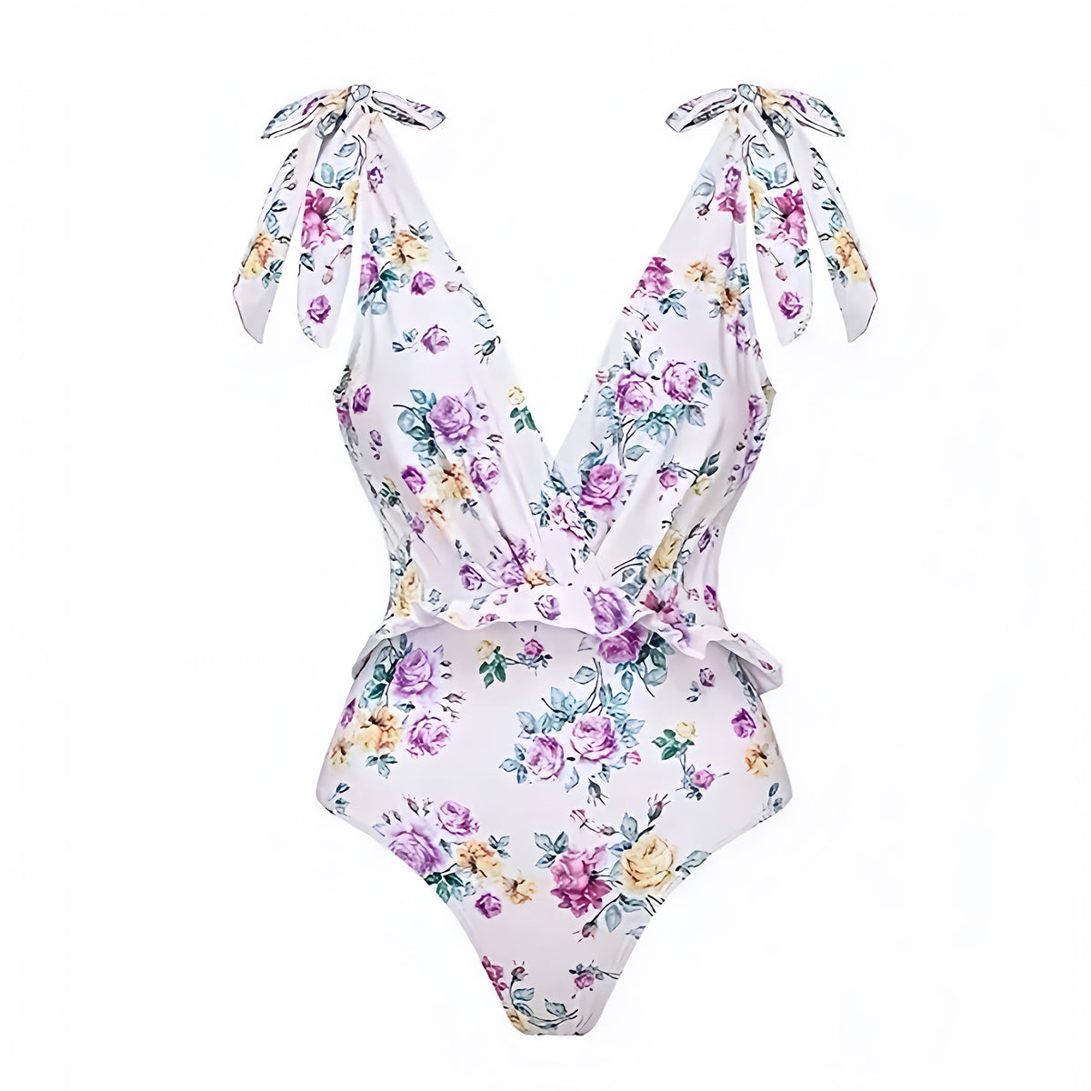 Martha's Vineyard Purple Floral Print Ruffle Trim V-Neck One Piece Swimsuit