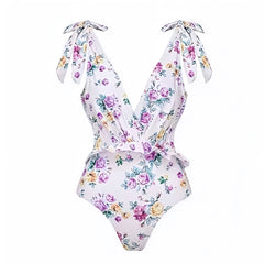 Martha's Vineyard Purple Floral Print Ruffle Trim V-Neck One Piece Swimsuit