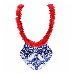 Lisbon Dark Blue & Red Patterned Ruffle Trim Spaghetti Strap One Piece Swimsuit