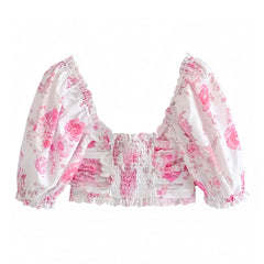 Kenzie Hot Pink Floral Print Ruffle Trim Lace Up Puff Sleeve Corset Top