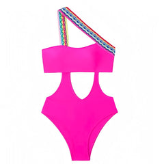 Hot Pink Rainbow Bodycon Cut-Out Asymmetric Off-Shoulder One Piece Swimsuit