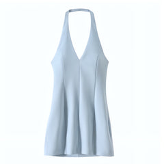 Light Blue Bodycon Pleated Sleeveless V-Neck Backless Halter Mini Dress