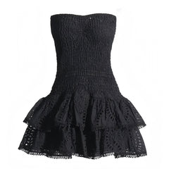 Black Eyelet Embroidered Layered Ruffle Strapless Smocked Mini Dress